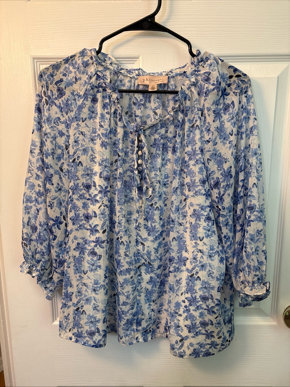 Philosophy Blue Floral Tie-Neck Peasant Blouse